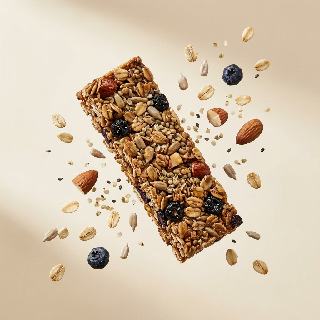 Makroaufnahme des ENERQiFOOD Müsliriegels mit Haferflocken, Heidelbeeren, Mandeln und Saaten